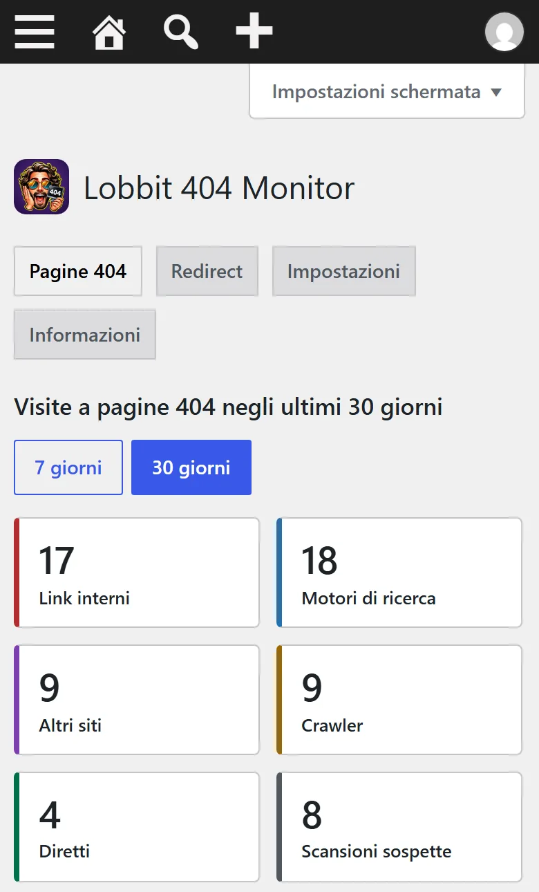 La scheda Pagine 404 sul telefono, con i riquadri delle provenienze