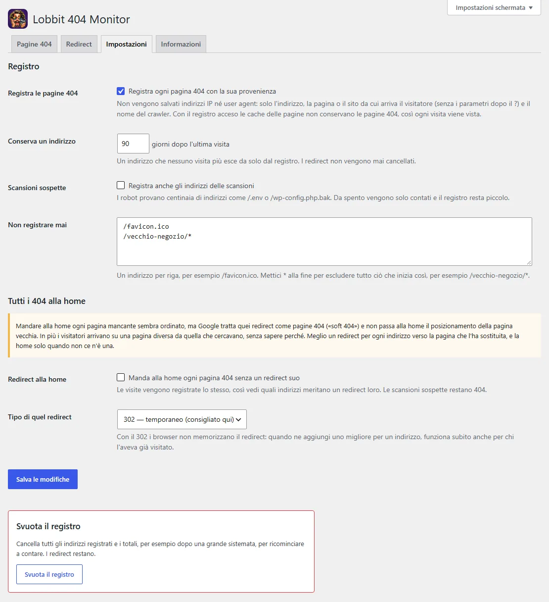 La scheda Impostazioni con il registro, gli indirizzi da non registrare e l'avviso sui soft 404
