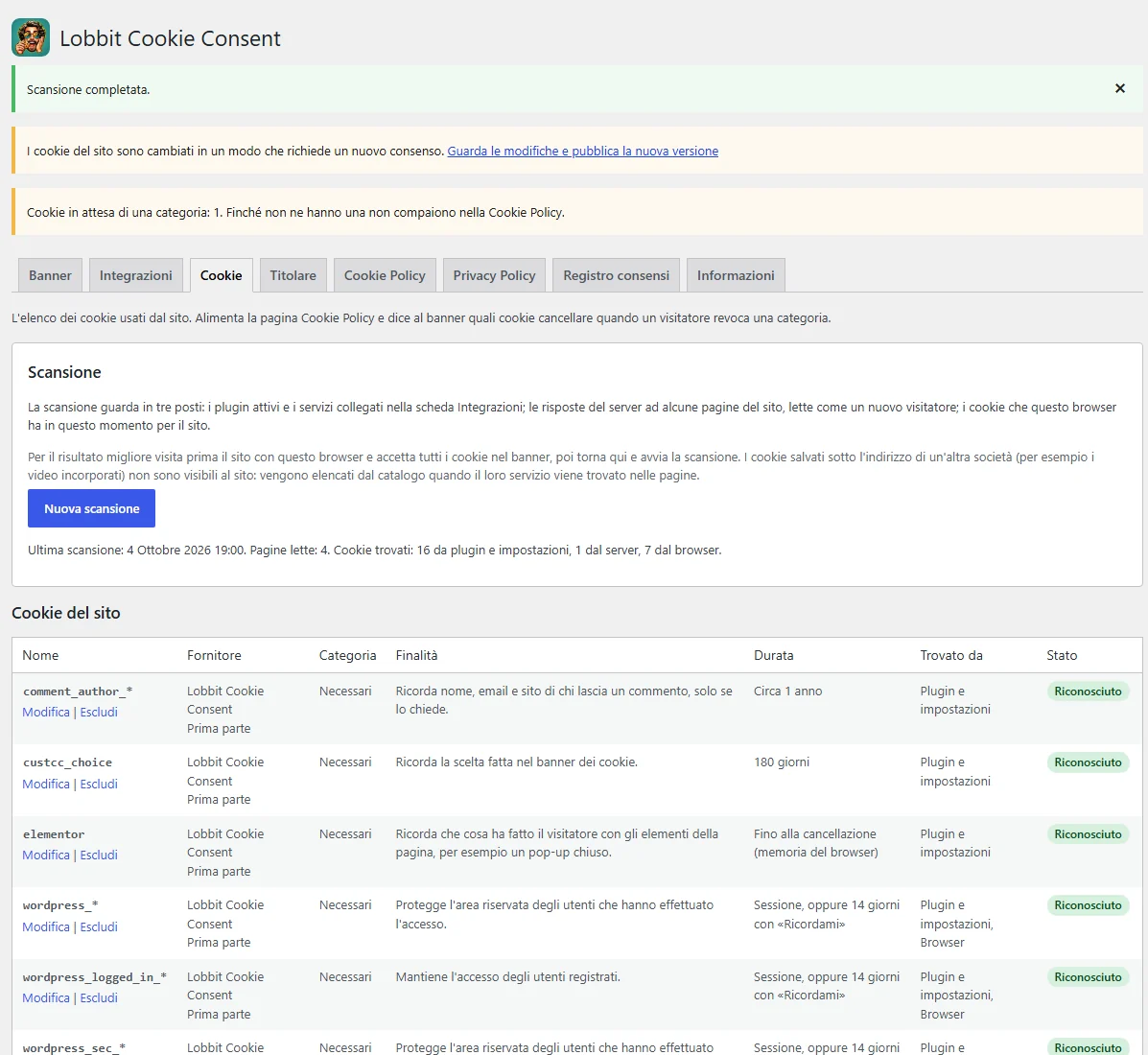 La pestaña Cookie con el escaneo y la tabla de cookies del sitio
