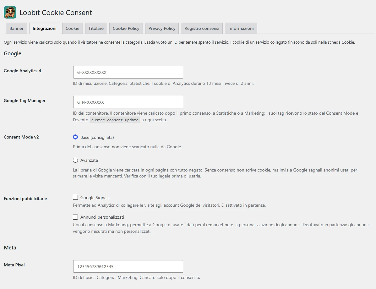 La pestaña Integraciones con Google Analytics 4, Google Tag Manager, Consent Mode v2 y Meta Pixel