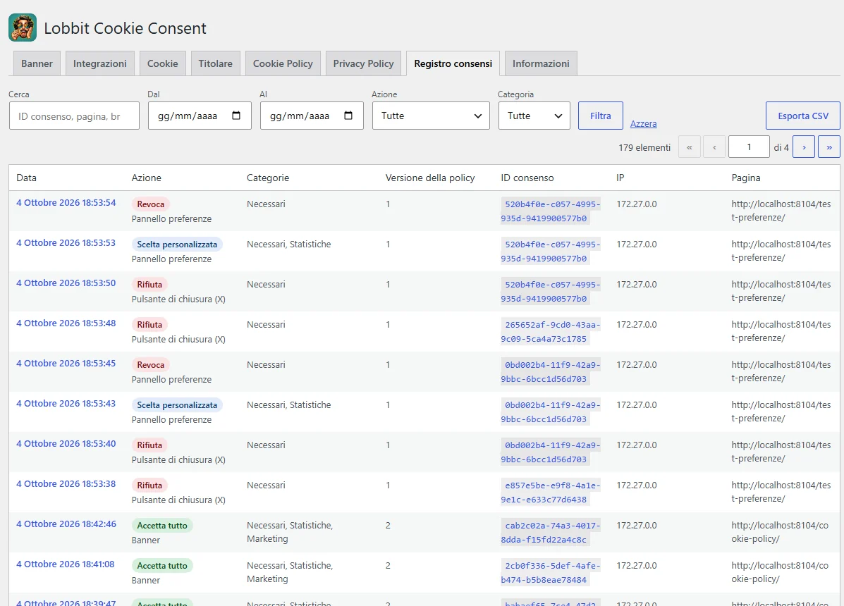 El registro de consentimientos con filtros y exportación CSV