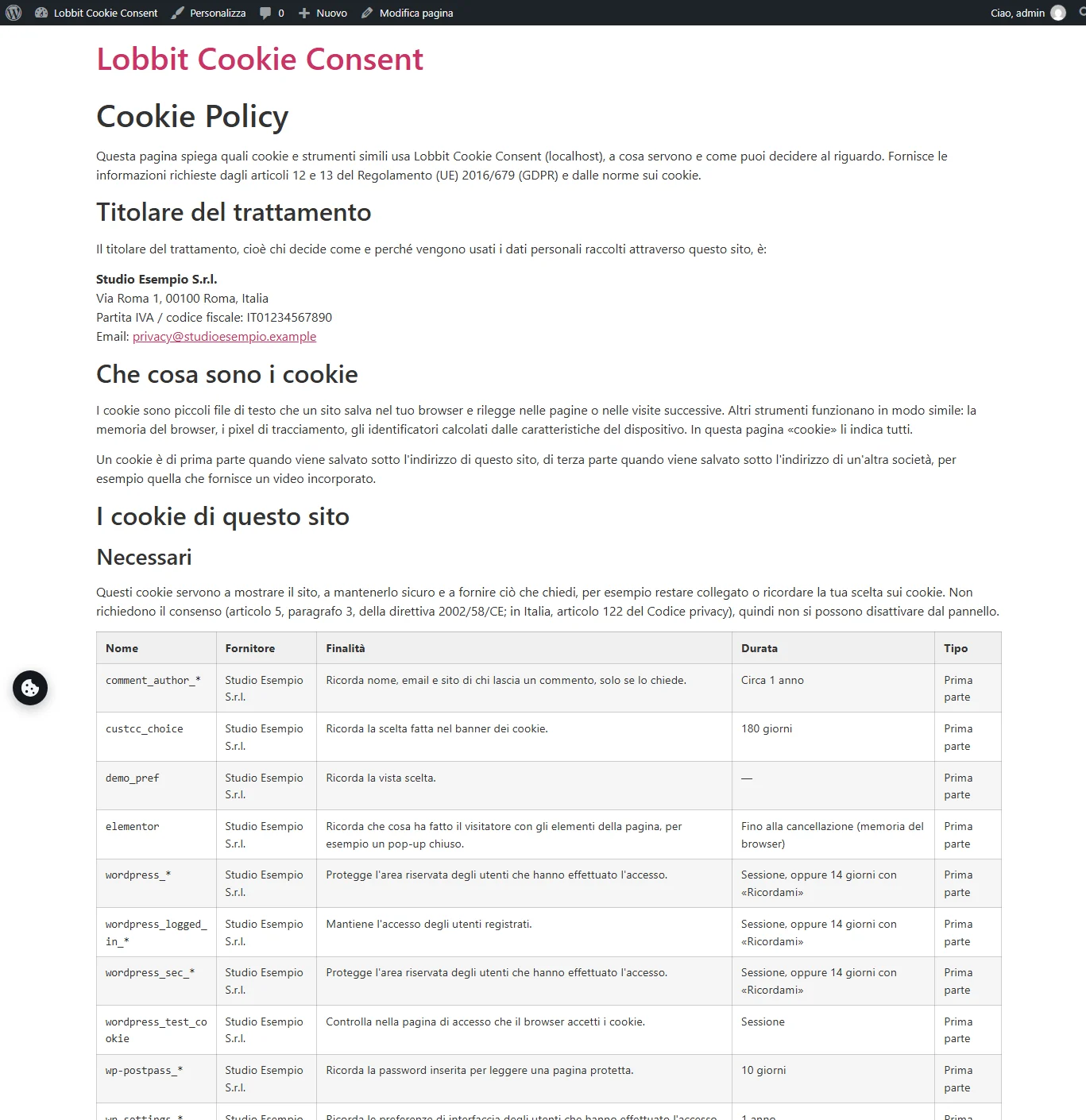 La página Cookie Policy generada, con el titular y las tablas de cookies por categoría