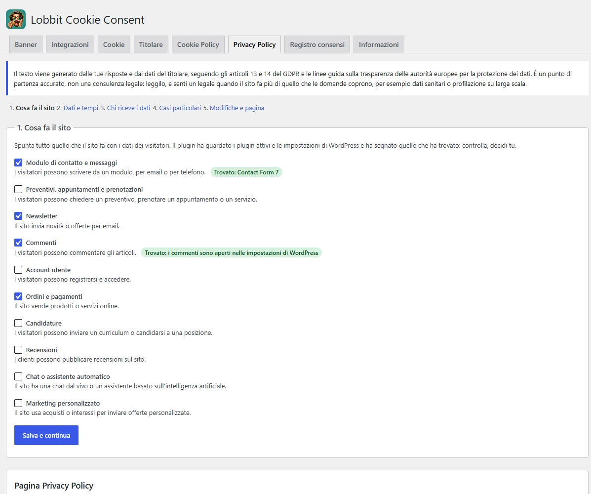 La pestaña Política de cookies con las preguntas sobre qué hace el sitio