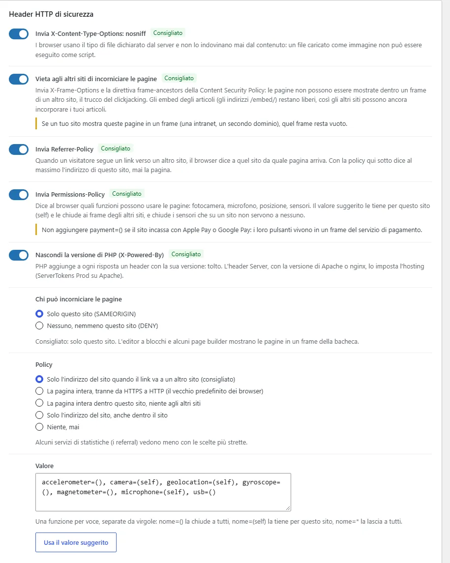 La pestaña Servidor con un interruptor para cada cabecera HTTP de seguridad