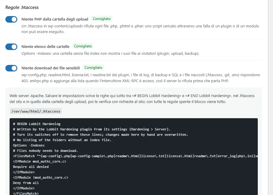 Las reglas .htaccess con la vista previa del bloque que se escribirá