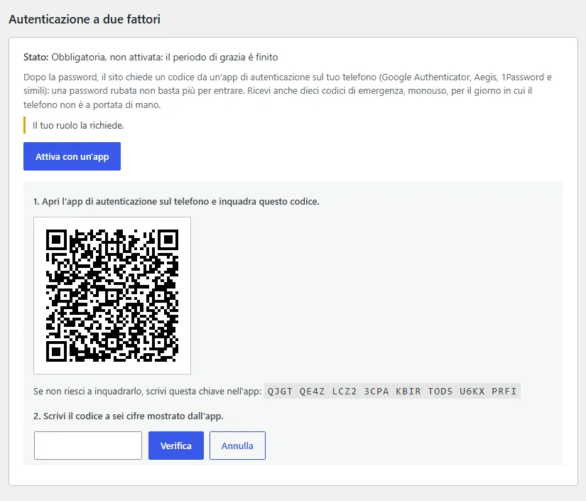 La activación del segundo factor desde el perfil, con el código QR
