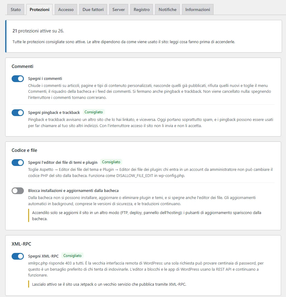 La pestaña Protecciones con los interruptores para comentarios, editor de archivos y XML-RPC