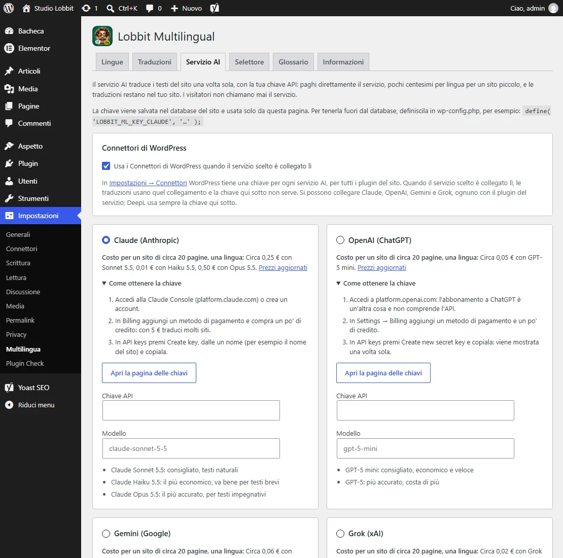 La pestaña Servicio IA con los Conectores de WordPress y la guía para Claude y OpenAI